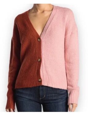 Olivia Sky Two-Tone Pink and Rust V-Neck Button Cardigan Sweater Size Small